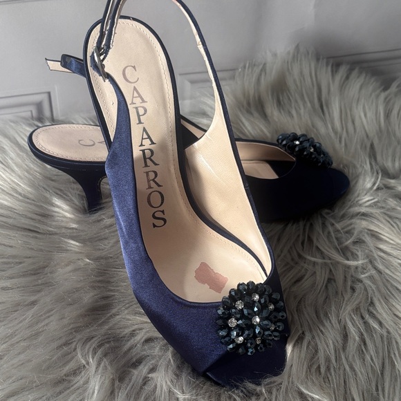 Caparros Navy Blue Satin Peep Toe Slingback Heels with Rhinestones Size 9 - Picture 5 of 11
